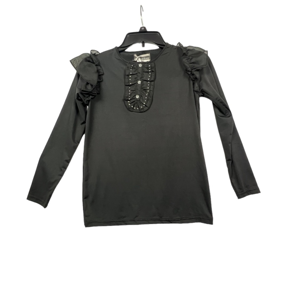 Roberta Di Roma Girls Black Long Sleeve Blouse Sz 14 Ruffles At Shoulde Line New